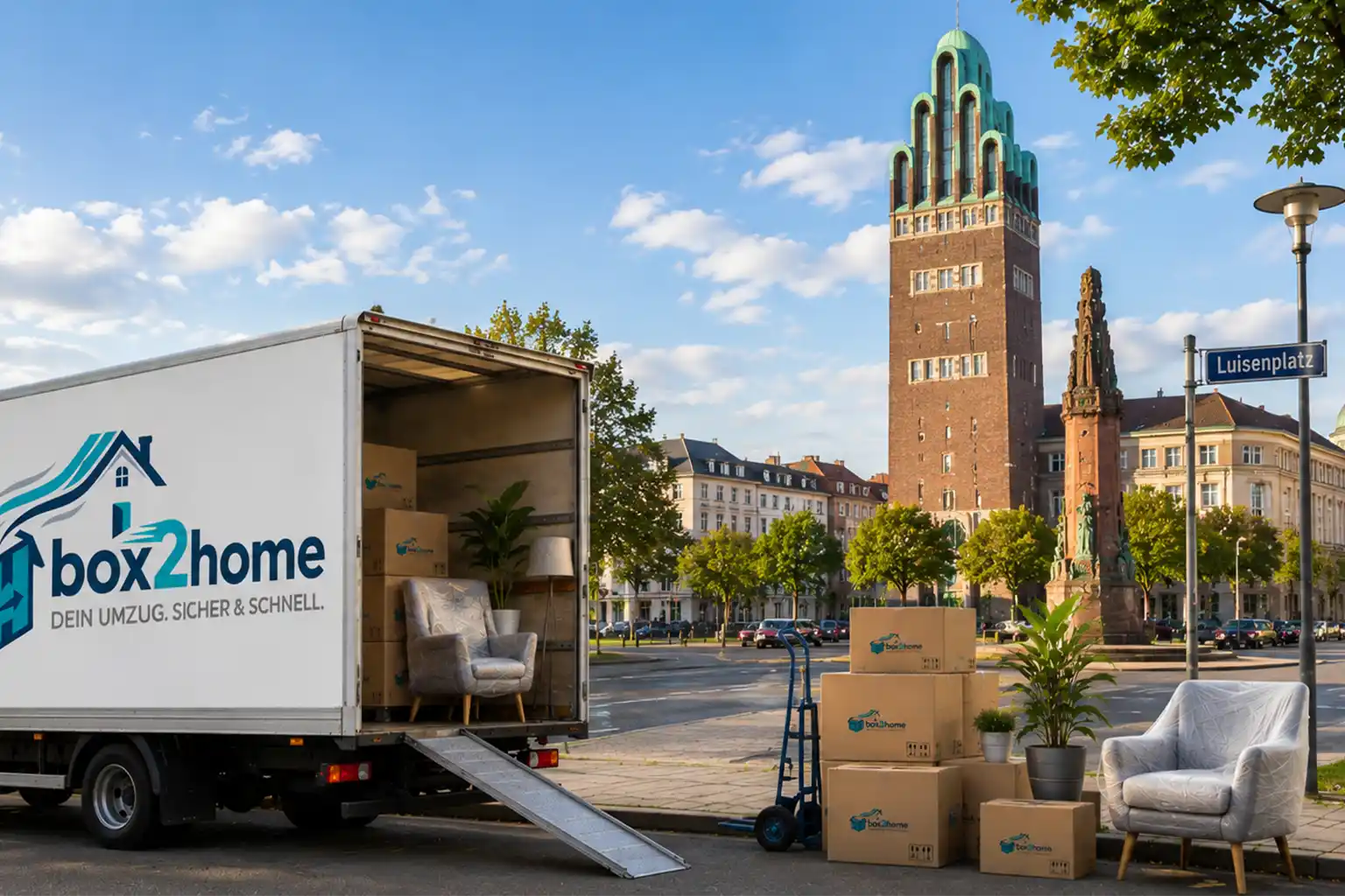 Umzugsunternehmen Darmstadt - Box2Home Umzugswagen vor der Skyline von Darmstadt
