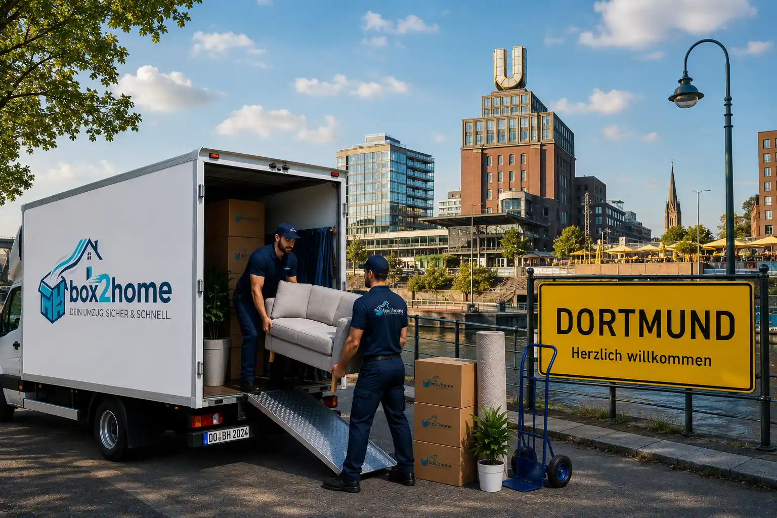 Möbelpacker vom Umzugsunternehmen in Dortmund laden Kartons in den Lkw